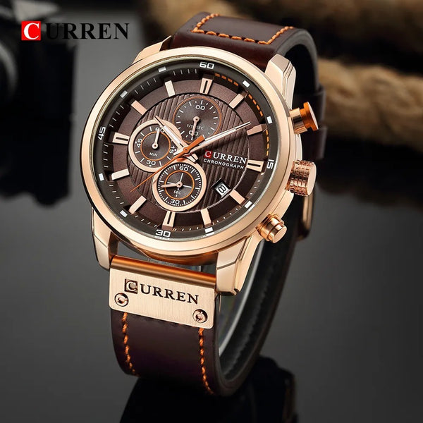 CURREN  Leather Watches Men Brand Waterproof Chronograph Quartz Watch