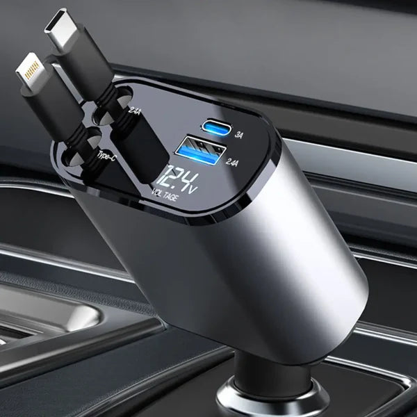 ✅ 4in1 Ultra-Fast Retractable Dual Car Charger – USB-C & Lightning Ports