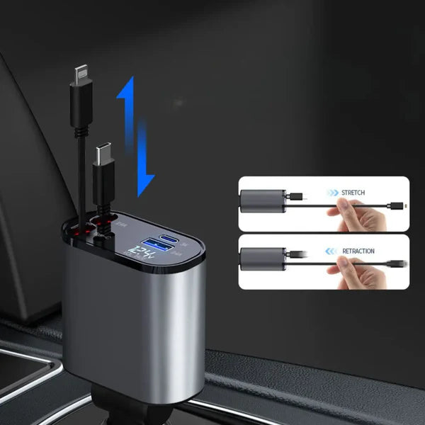✅ 4in1 Ultra-Fast Retractable Dual Car Charger – USB-C & Lightning Ports