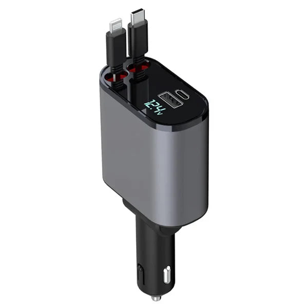 ✅ 4in1 Ultra-Fast Retractable Dual Car Charger – USB-C & Lightning Ports